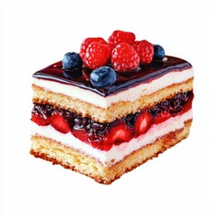 Delicious layered cake topped with berries, perfect for dessert lovers., on a white background.