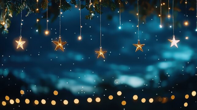 Night sky filled with stars visible through tree branches in a serene landscape