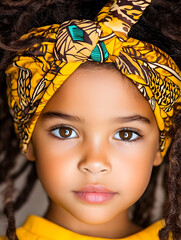 Naklejka premium Girl, yellow headwrap, portrait, neutral background, child fashion