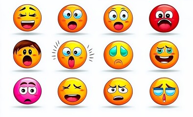 Fototapeta premium Collage of Colorful Emoticons Expressing Various Emotions on White Background