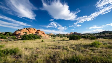 Obraz premium Vast grassy landscape under a bright blue sky with stunning rock formations in the distance : Generative AI