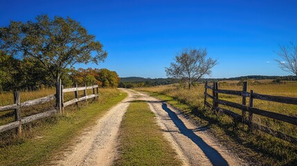 Fototapeta premium Worn-out dirt road leading through a rural landscape, with wooden fences on the side and a deep blue sky overhead.