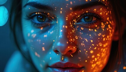 Close-up of a woman face with binary code projection creating intimate interplay between humans and digital tech in the digitized world. Glowing numbers highlight beauty, makeup and skin details.