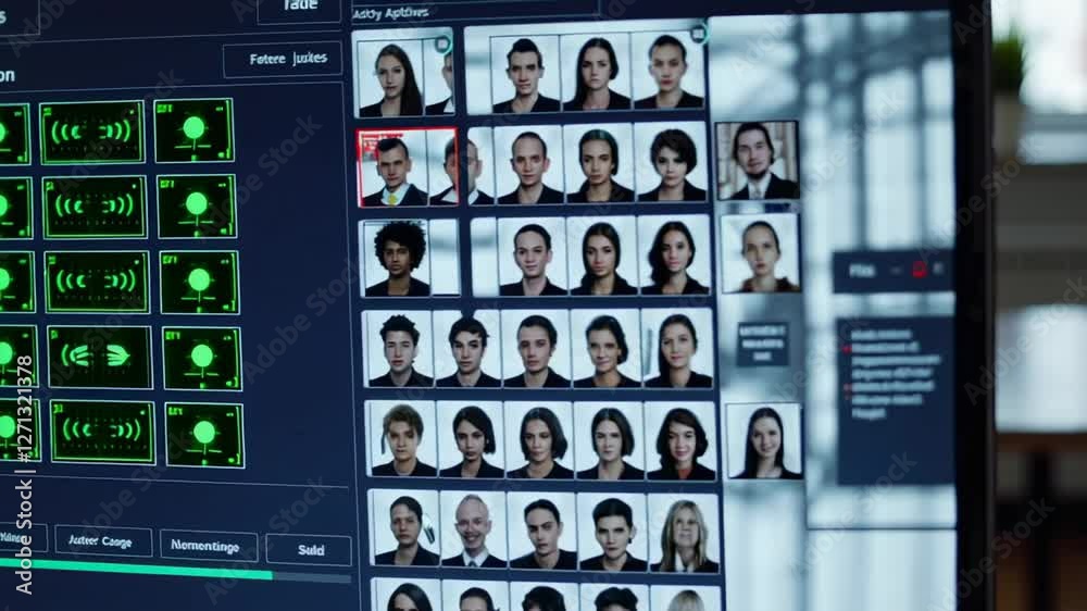 Poster security software meticulously analyzing mugshots through facial recognition technology, revealing p