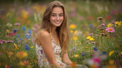 Naklejka premium Smiling Girl in a Flower Field