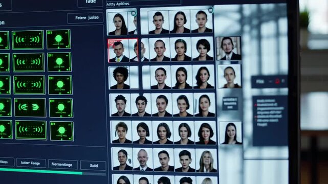 Security software meticulously analyzing mugshots through facial recognition technology, revealing potential criminal matches with precision scanning across digital network interface