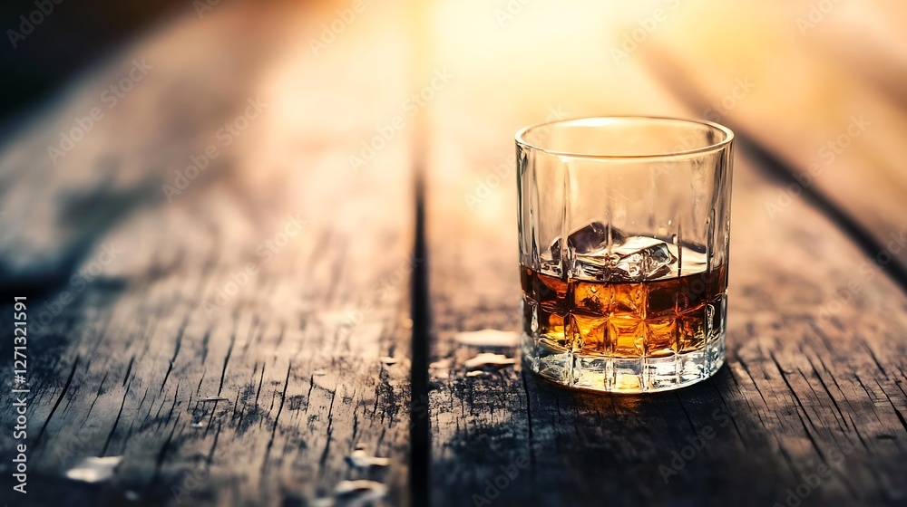 Poster refreshing glass of whiskey with ice on rustic wooden table in natural light : generative ai