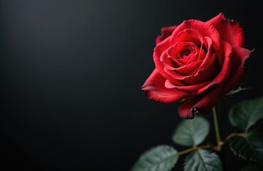 Elegant red rose on black background. Valentine gift romantic blossom close-up. Perfect wedding anniversary card present. Floral beauty racked fresh garden bloom. Decoration for holiday bunch,