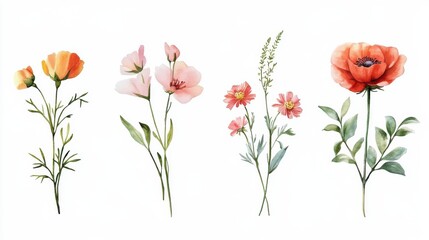 Set of beautiful flower ,Watercolor collection of hand drawn flowers , Botanical plant illustration transparent background, PNG ,Generative AI