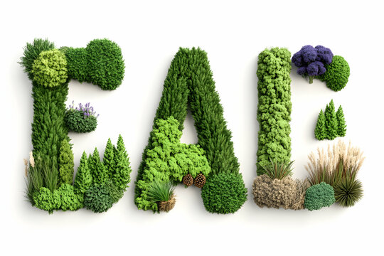 Green plants forming letters EAE, isolated background, garden design concept