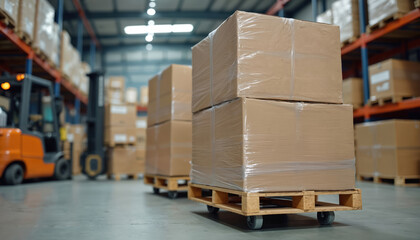 Stacked cardboard boxes pallets wrapped in stretch film on the dolly in a warehouse. Boxes ready for shipping and delivery. Forklift is visible on background. Logistic concept indoors.