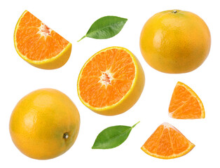 Close-up, Tangerine orange or Clementine with leaf, half and slices isolated, transparent PNG, PNG...