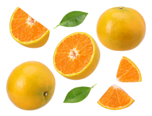 Close-up, Tangerine orange or Clementine with leaf, half and slices isolated, transparent PNG, PNG format, cut out