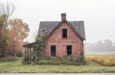 Old brick house with overgrown plants in rural landscape