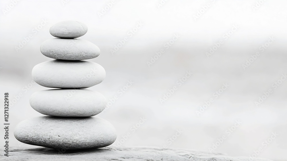 Leinwandbilder Serene stacked pebbles symbolizing balance and tranquility in a minimalist and calming environment : Generative AI