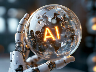 Intelligence artificielle mondial tenu par une main de robot