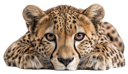 Obraz premium A serene cheetah rests peacefully with its eyes closed, showcasing its beautiful spotted coat and relaxed expression.
