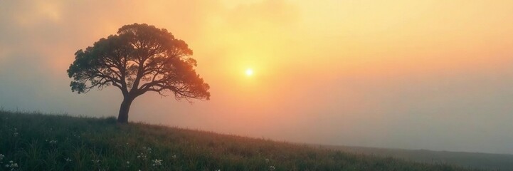 Obraz premium Soft golden light filters through foggy mist, illuminating lone tree, solitude, peaceful