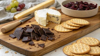 Dark chocolate shards embedded in a wooden cheese board's surface complemented by artisanal cheeses and crackers, cheese board, snack time, black chocolate, dark chocolate, wooden cheese board