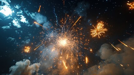 Fototapeta premium Large colorful fireworks display illuminating the night sky over a cityscape