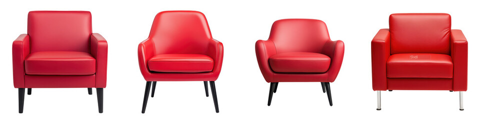 Fototapeta premium Closeup of a set of stylish red upholstered armchairs arranged in a modern minimalist interior design setting The chairs feature sleek