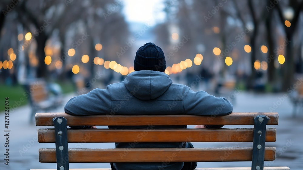 Poster young man sitting on a wooden bench in a park during twilight surrounded by soft lights : generative