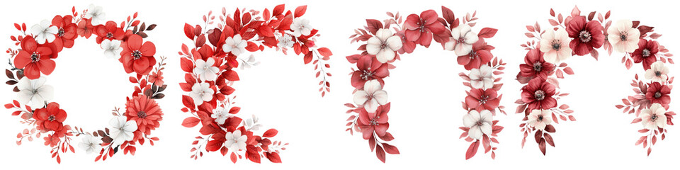 Fototapeta premium Exquisite floral wreath garland and bouquet designs featuring vibrant red and white flowers leaves and foliage These beautiful natural arrangements are perfect for decorating special occasions