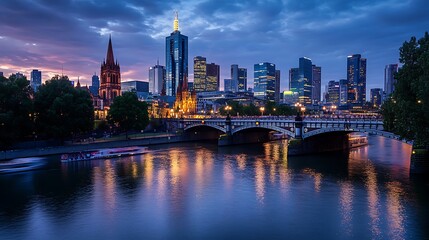 Obraz premium Cityscape twilight river bridge buildings reflections. Use Travel brochure.