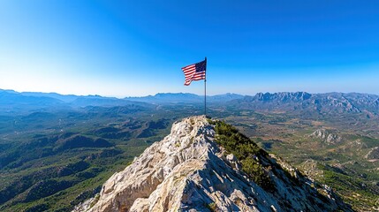 Naklejka premium Flag waving on a mountain peak against a clear blue sky showcasing nature and patriotism