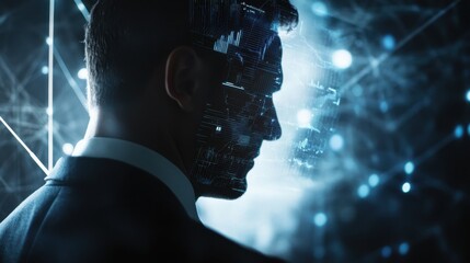 business, people, cyberspace and future technology concept - close up of businessman in suit working with virtual charts over dark background