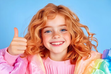 Fototapeta premium Happy girl thumbs up, studio shot, pastel background, positive