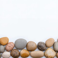 Collection of Smooth Rounded Pebbles in Various Colors and Textures on White Background