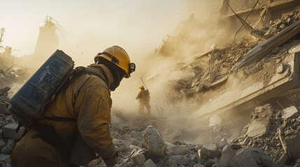 Amid the dust and chaos of a demolished building, a determined rescue worker pushes through, embodying bravery and relentless pursuit in the face of adversity.