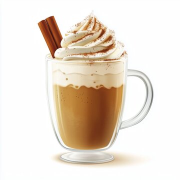A hyper-realistic illustration of a pumpkin spice latte with whipped cream, cinnamon, and a cinnamon stick, isolated on a white background.