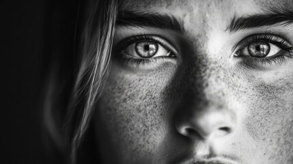 Obraz premium A black-and-white close-up portrait captures the soulful gaze of a freckled face, revealing depth and emotion in its eyes.