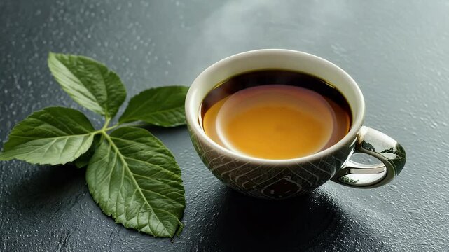Cinematic footage showing freshly brewed ajwain tea served cup alongside fresh ajwain leaves glossy black surface offering cozy aromatic visual experience