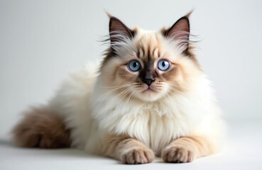 Fluffy ragdoll cat lounging on white background. Soft fur, blue eyes, beautiful point coloration. Cute domestic purebred kitten lying on paws, mammal pet looks lovely, pampered doll animal. Breed