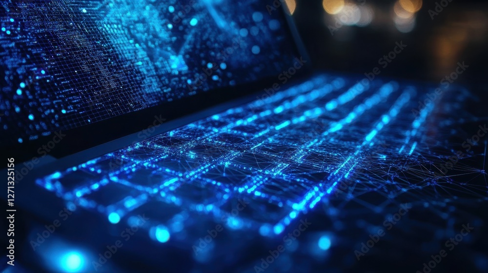 Poster close up of laptop computer with blue polygonal mesh. technology, security and web hacking concept. 