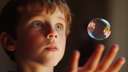 A young boy contemplates a delicate bubble hovering in mid-air, evoking a sense of curiosity and gentle awe.