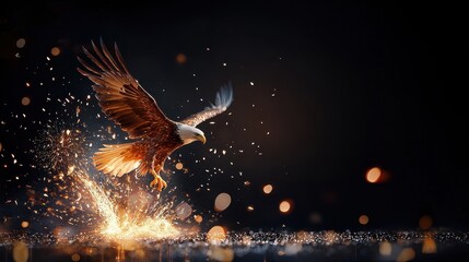 Bird in flight soaring through a clear blue sky with clouds in the background and sunlight illuminating the scene