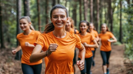 Group of Women Jogging in Forest, Healthy Lifestyle, Orange Shirts, Teamwork, Fitness, Nature, Outdoor Exercise, Running Race, Competition, Unity, Friends, Summer, Woods, Sunlight, Trees