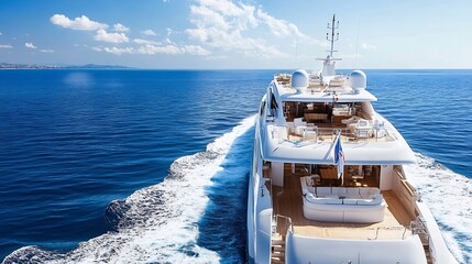 Luxury yacht navigating through beautiful open sea under bright blue skies : Generative AI