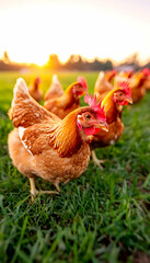 Fototapeta premium Hens graze pasture sunset farm