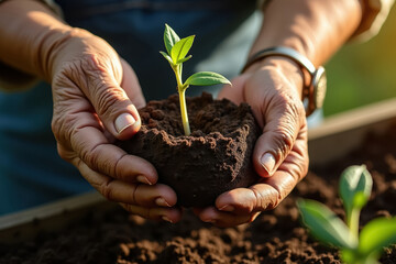 A close-up of an elderly man's hands transplanting seedlings, farming, growing crops.