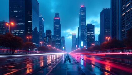 Obraz premium Modern Urban Skyline with Neon Lights and Reflections, Rainy Downtown Street with Motion Blur and Tall Buildings, Cyberpunk-Inspired City View with Illuminated High-Rises