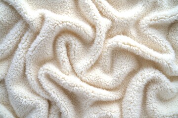Close-up of a soft, white sherpa fabric with swirling patterns, perfect for backgrounds, textures, and cozy, comfortable designs. The plush material offers warmth and invites relaxation.