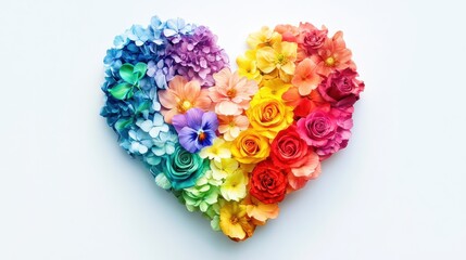 Obraz premium Rainbow color heart made of flowers isolated on white background. This illustration represents concept of love for LGBTQ, gay, lesbian, pride and bisexsual. Digital illustration generative AI.