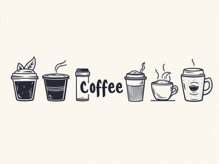 Sketch set of Coffee kind menu drinking cup. Vector hand drawing illustration isolated on white background. Espresso, cappuccino, glace, latte, mocha, Coffee Line Icons