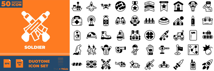 Soldier Duotone Editable Icons set. Vector illustration in modern thin duotone style of soldier icons: . Army, battle, conflict, etc