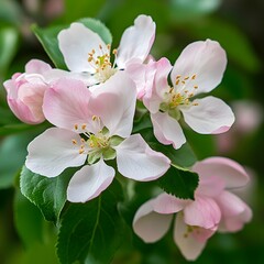 Fototapeta premium A close-up of apple blossom flowers, soft pink petals against the vibrant green leaves. 